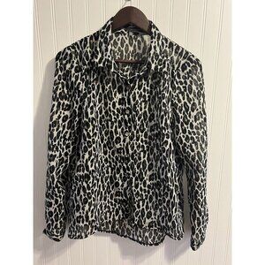 Women’s Sheer Leopard Print Blouse Long Sleeved Buttoned Size L